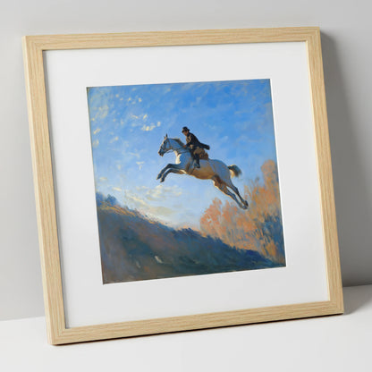 Flight Over The Ridge show jumping horse art print in natural frame