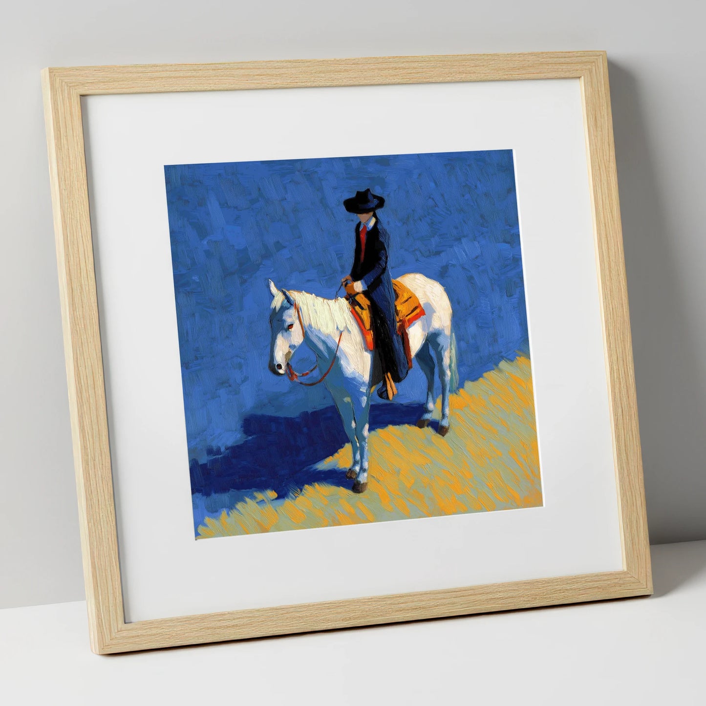 Vaquero in Blue western horse art print in natural frame