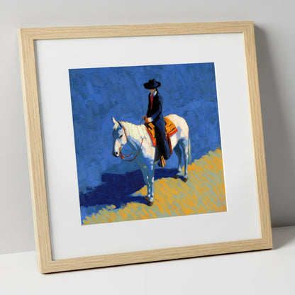 Vaquero in Blue western horse art print in natural frame