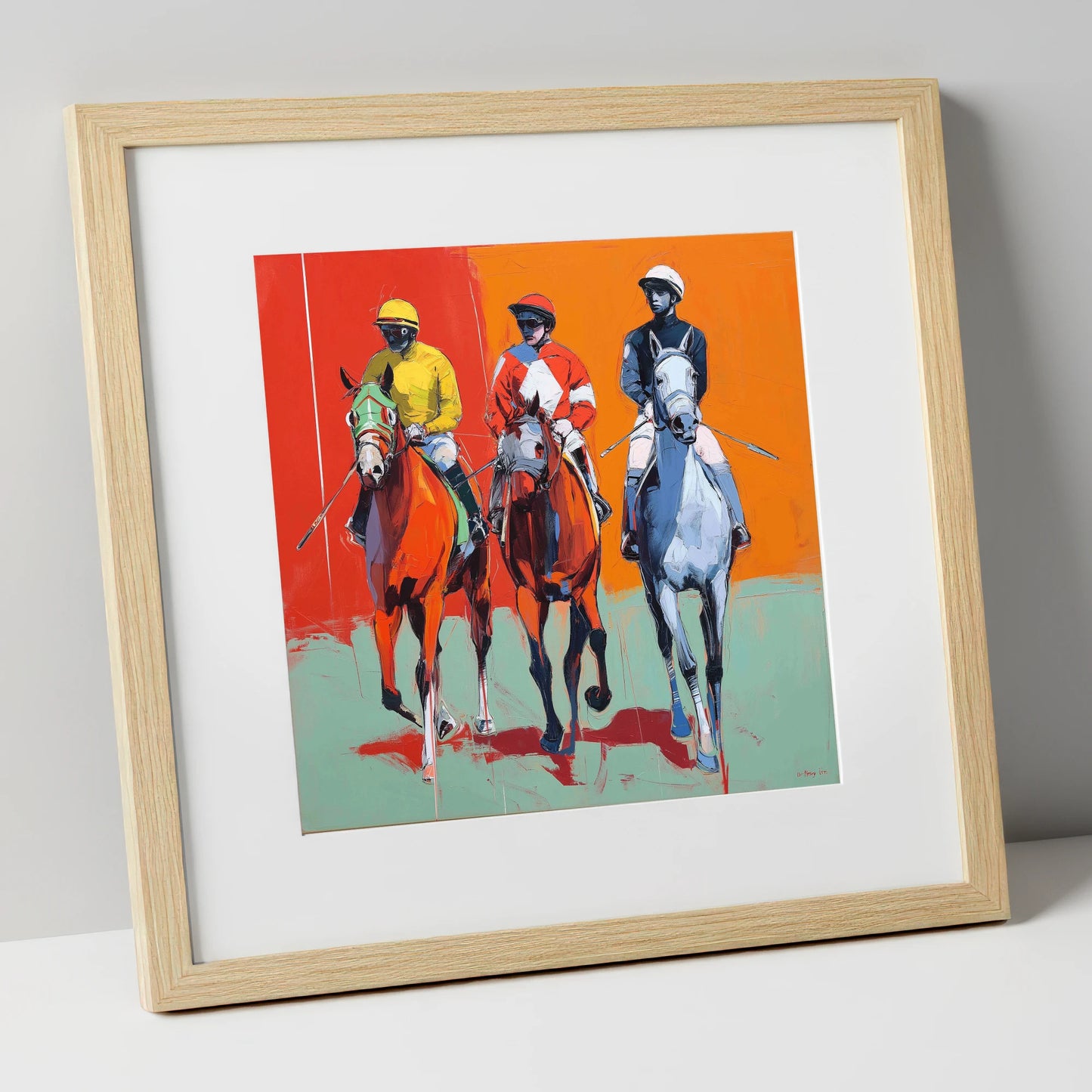 Three to the Post racing horse art print in natural frame