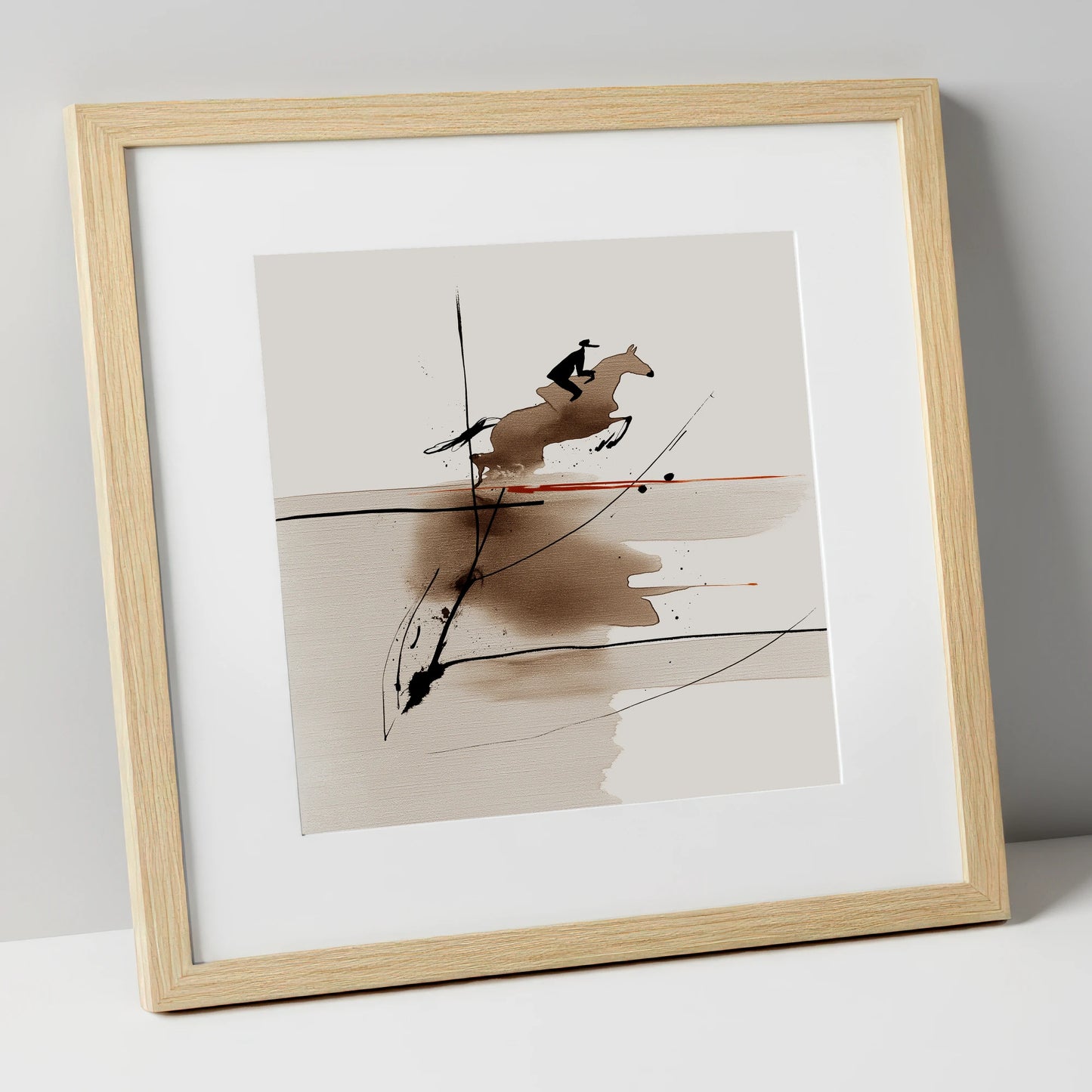 Sepia Suspension show jumping horse art print in natural frame