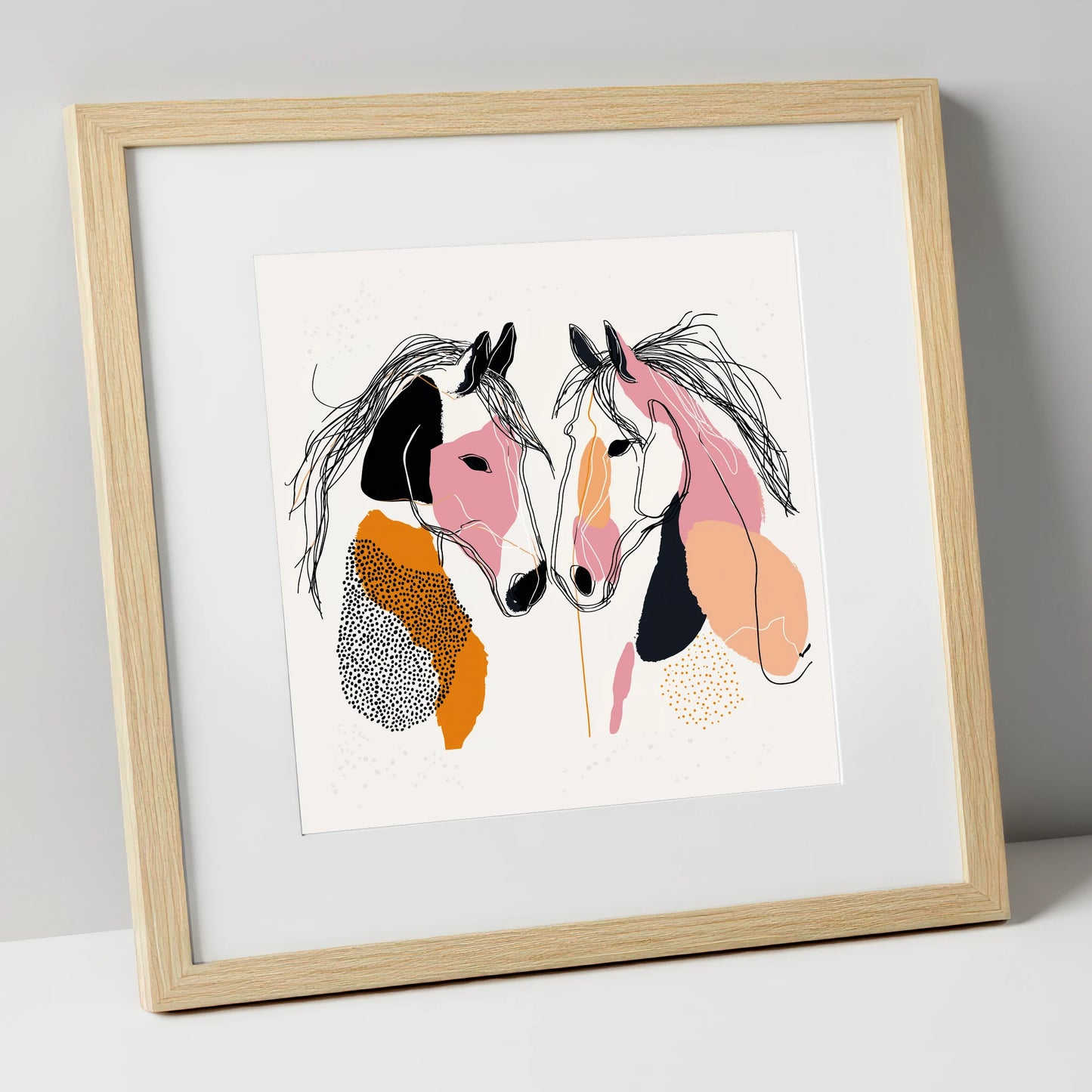 Contemporary Equine Connection horse portrait art print in natural frame