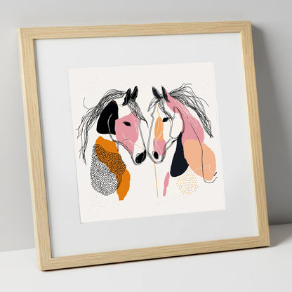 Contemporary Equine Connection horse portrait art print in natural frame