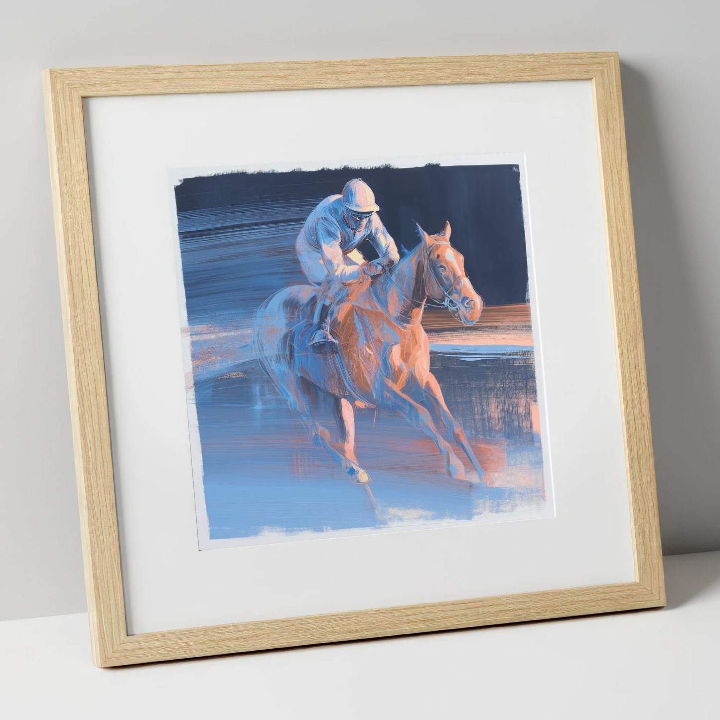 Twilight Stretch racing horse art print in natural frame