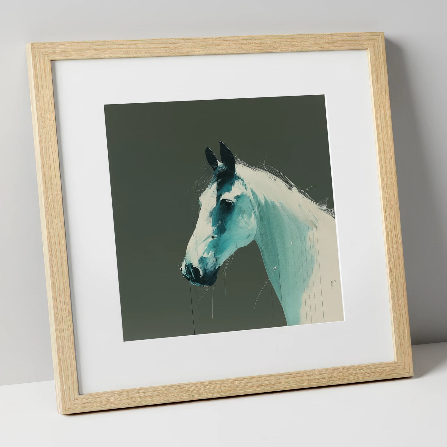 Contemporary Teal Profile horse portrait art print in natural frame