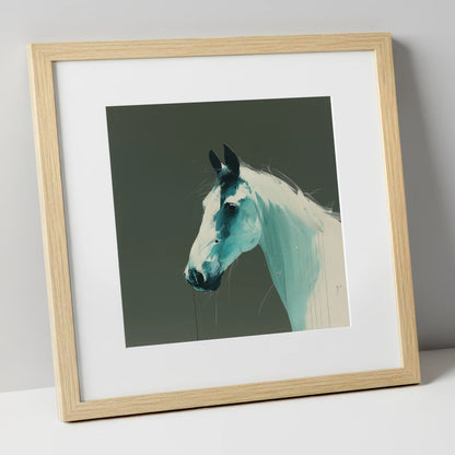 Contemporary Teal Profile horse portrait art print in natural frame
