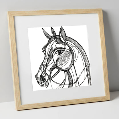 Bold Linear Equine horse portrait art print in natural frame