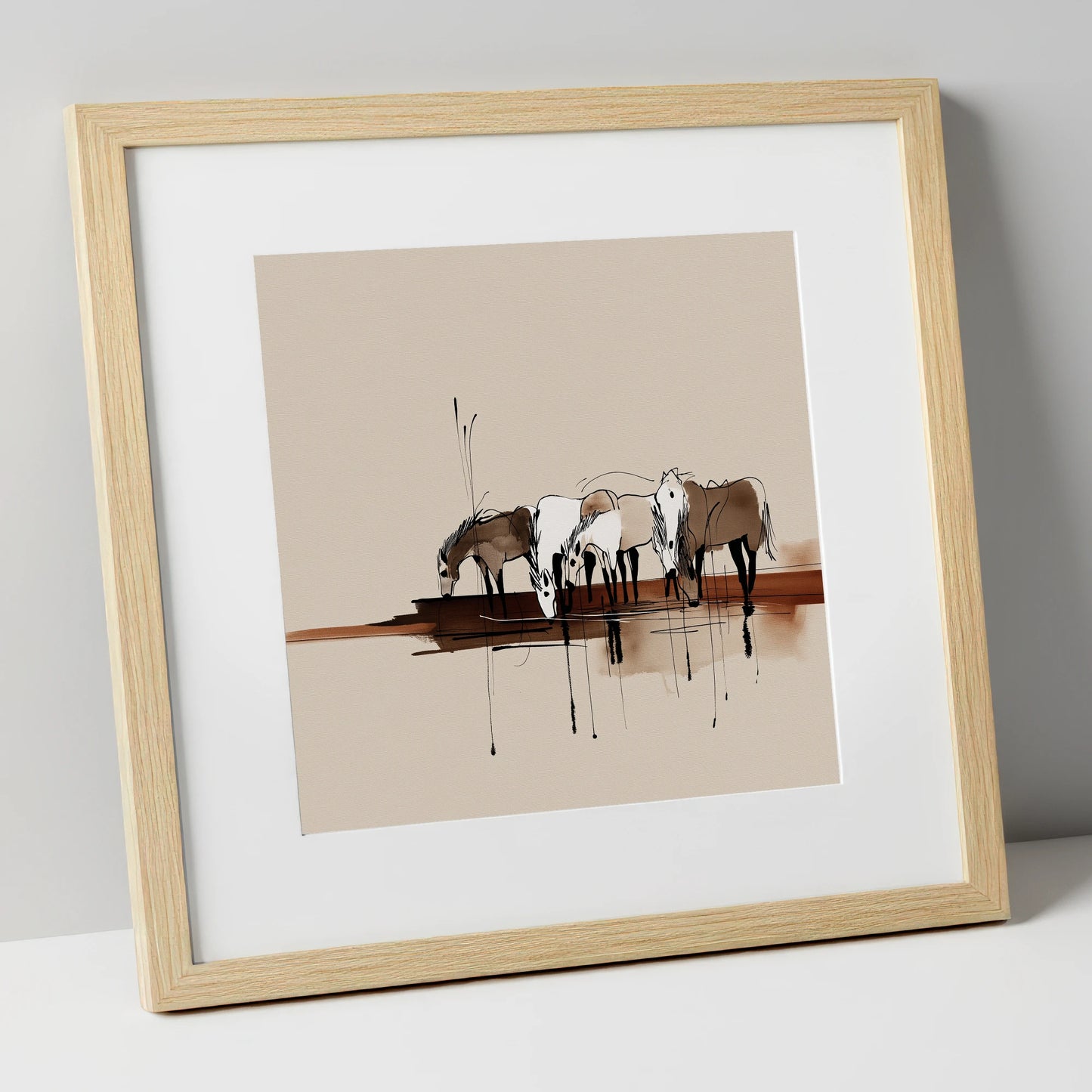 Gathering at the Water wild horses art print in natural frame