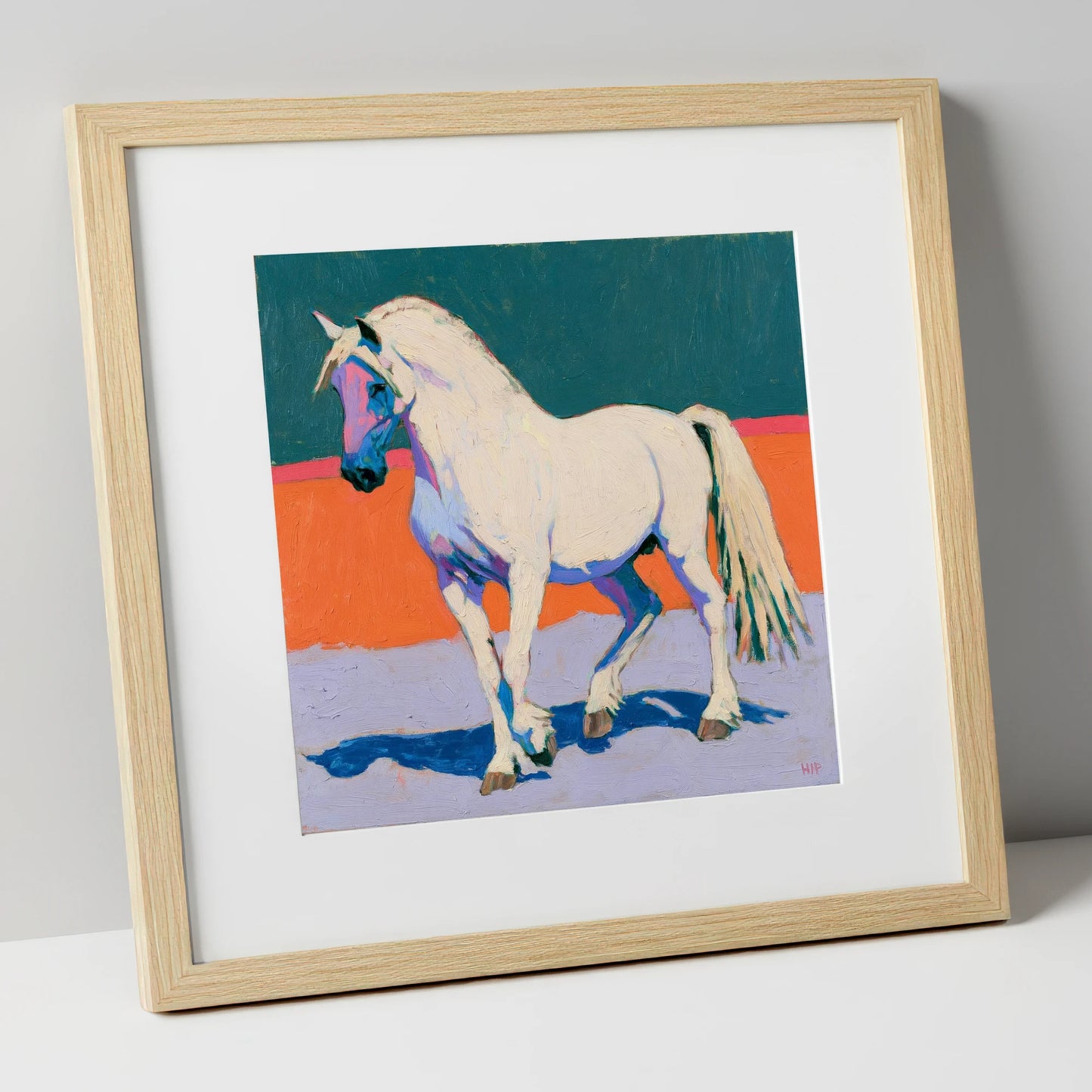 White Horse in Vivid Colours horse breed art print in natural frame