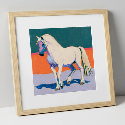 White Horse in Vivid Colours horse breed art print in natural frame