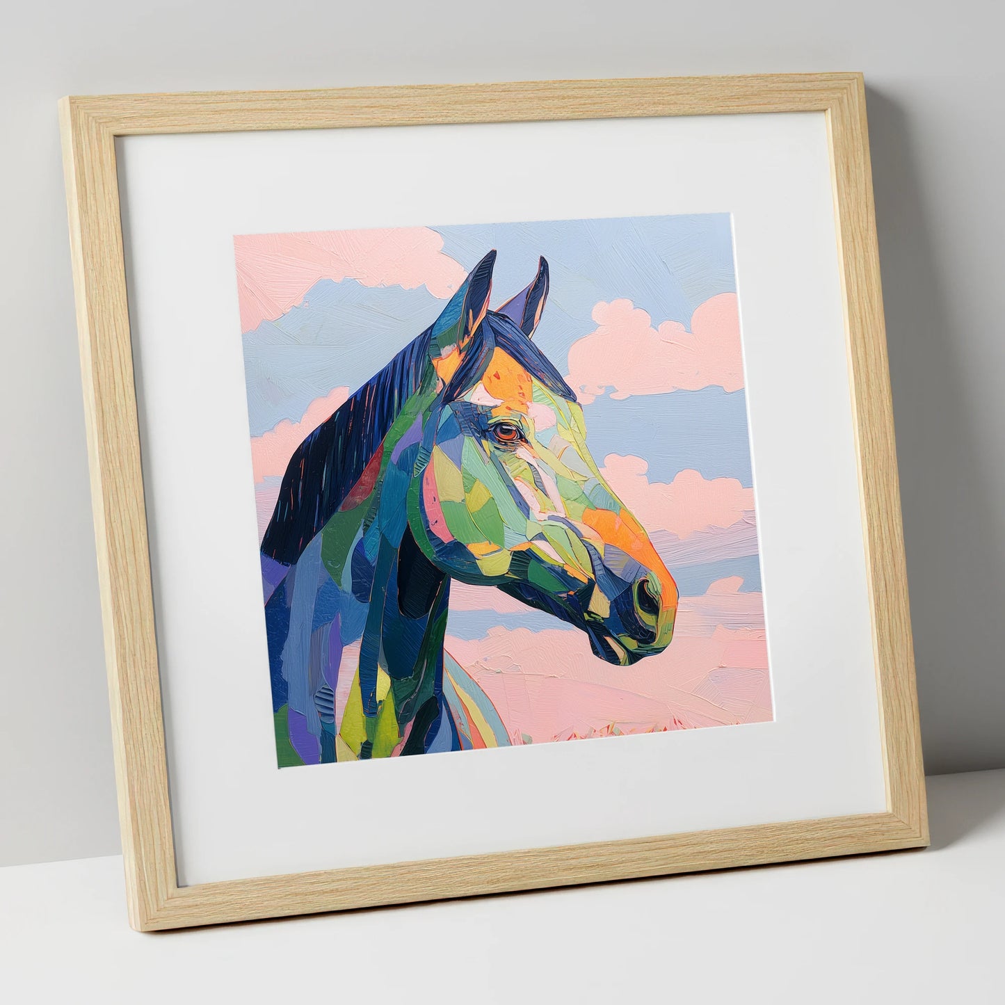 Prismatic Equine Spirit horse portrait art print in natural frame