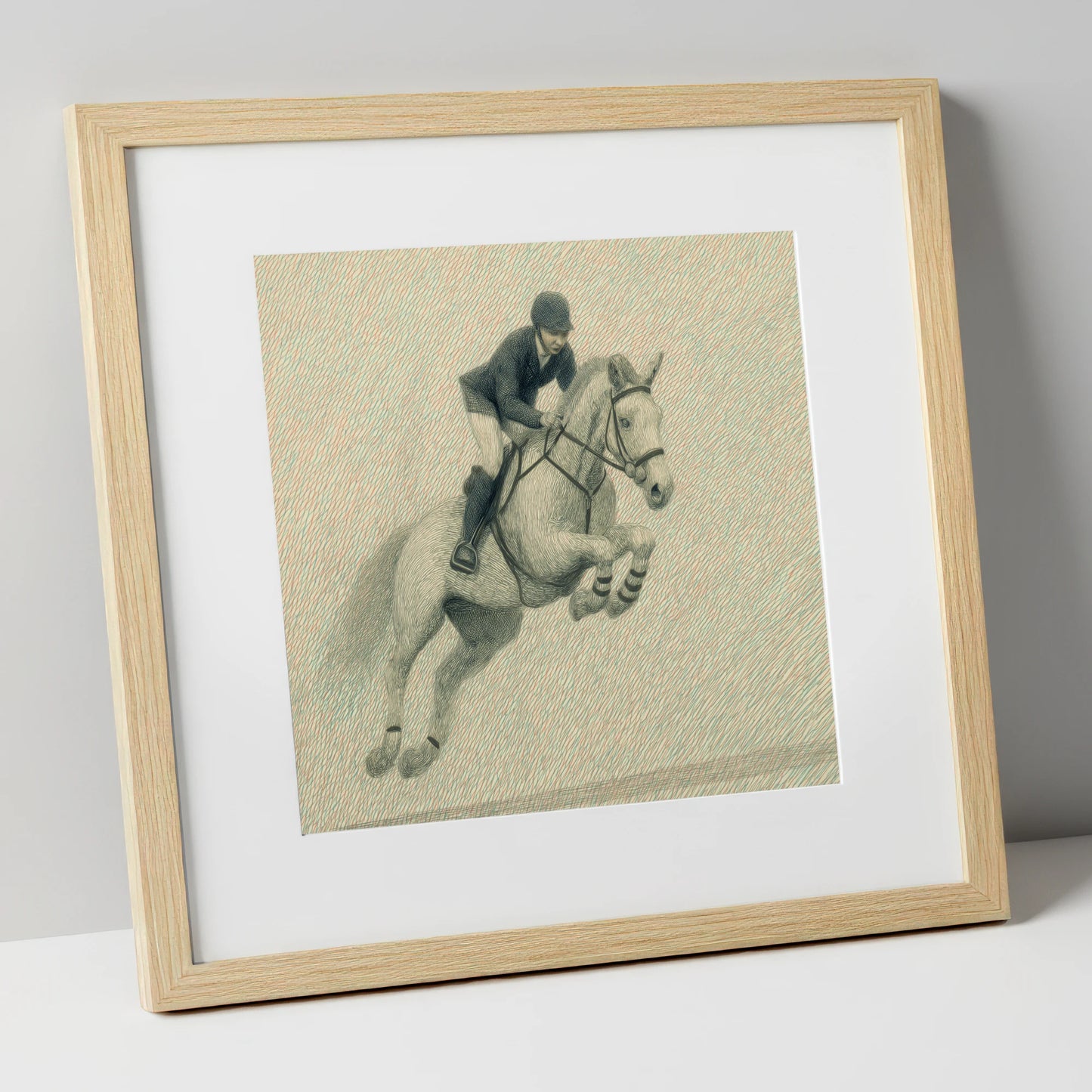 Precision in Flight show jumping horse art print in natural frame