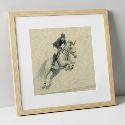 Precision in Flight show jumping horse art print in natural frame