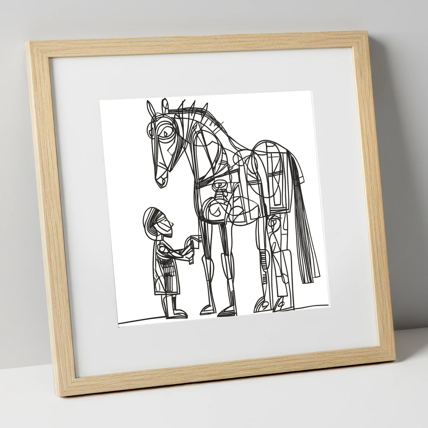 Linear Harmony horse & rider art print in natural frame