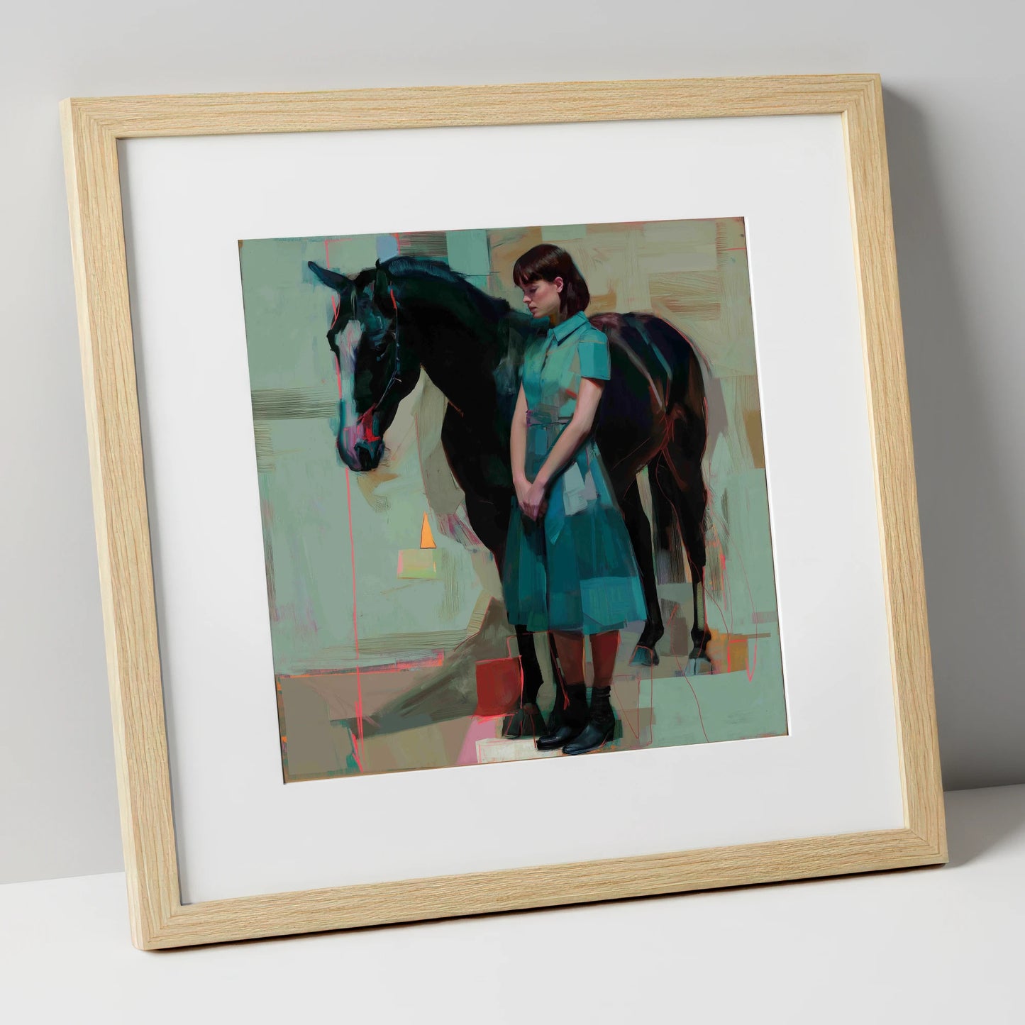 A Quiet Connection horse & rider art print in natural frame