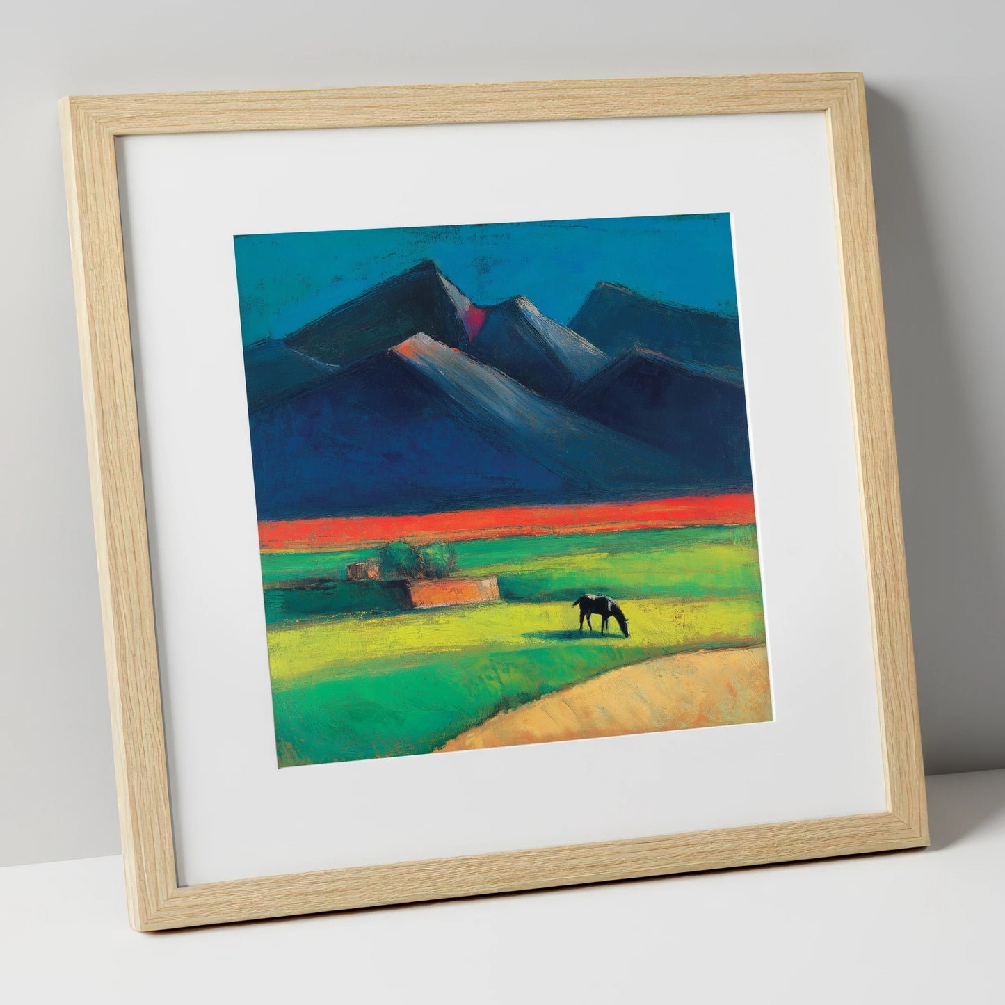 Grazing Beneath Indigo Peaks horse landscape art print in natural frame