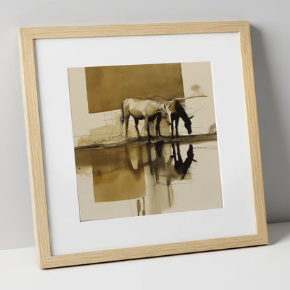 Sepia Reflections wild horses art print in natural frame