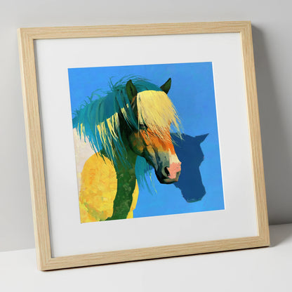 Bold Yellow and Teal Horse horse breed art print in natural frame