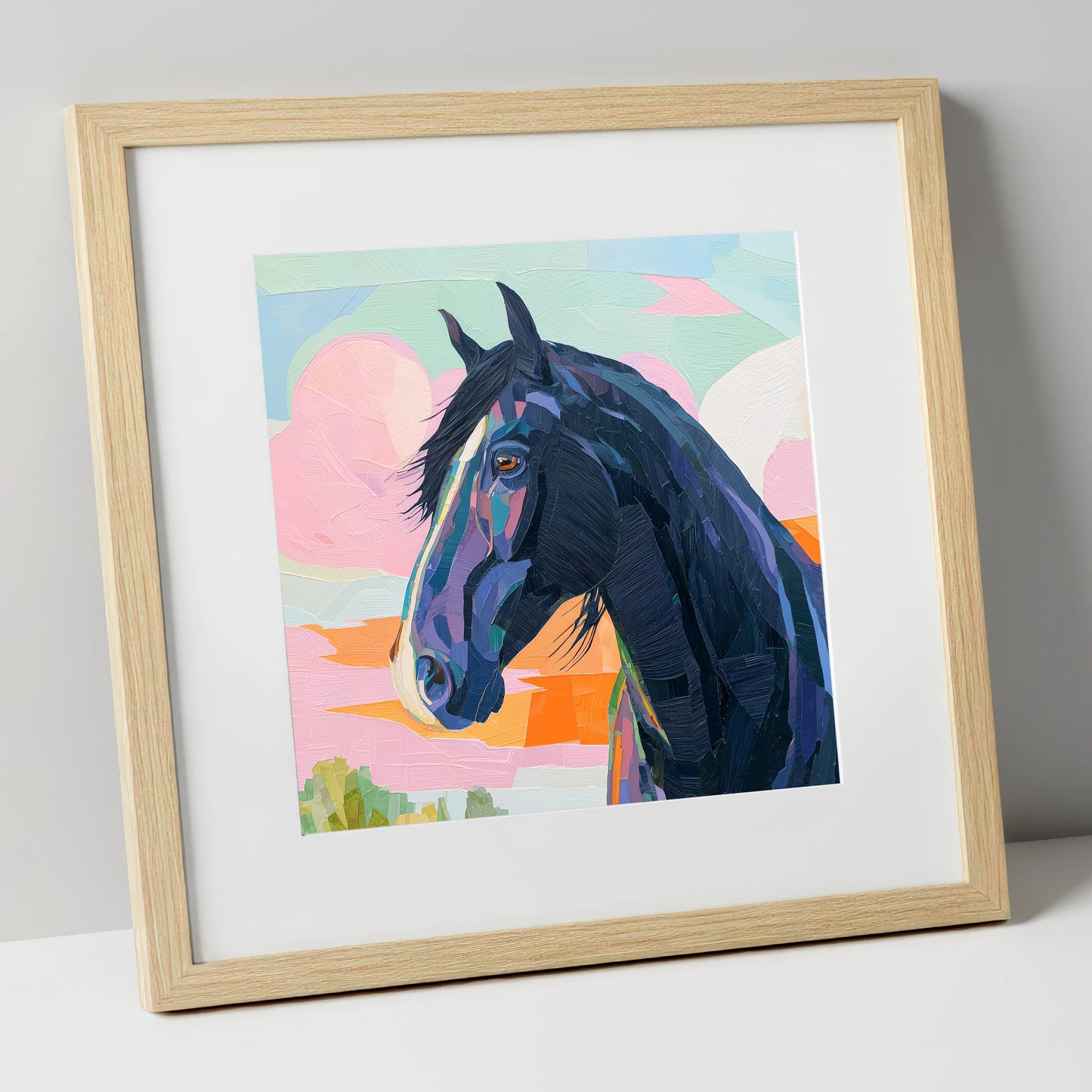 Vivid Midnight Profile horse breed art print in natural frame