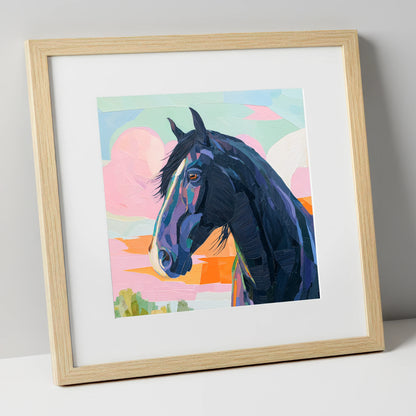 Vivid Midnight Profile horse breed art print in natural frame