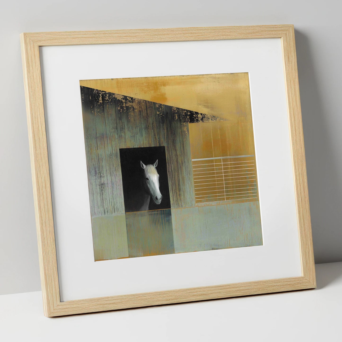 The Quiet Observer horse stable art print in natural frame