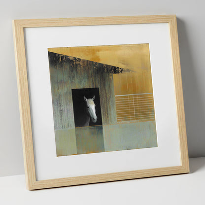 The Quiet Observer horse stable art print in natural frame