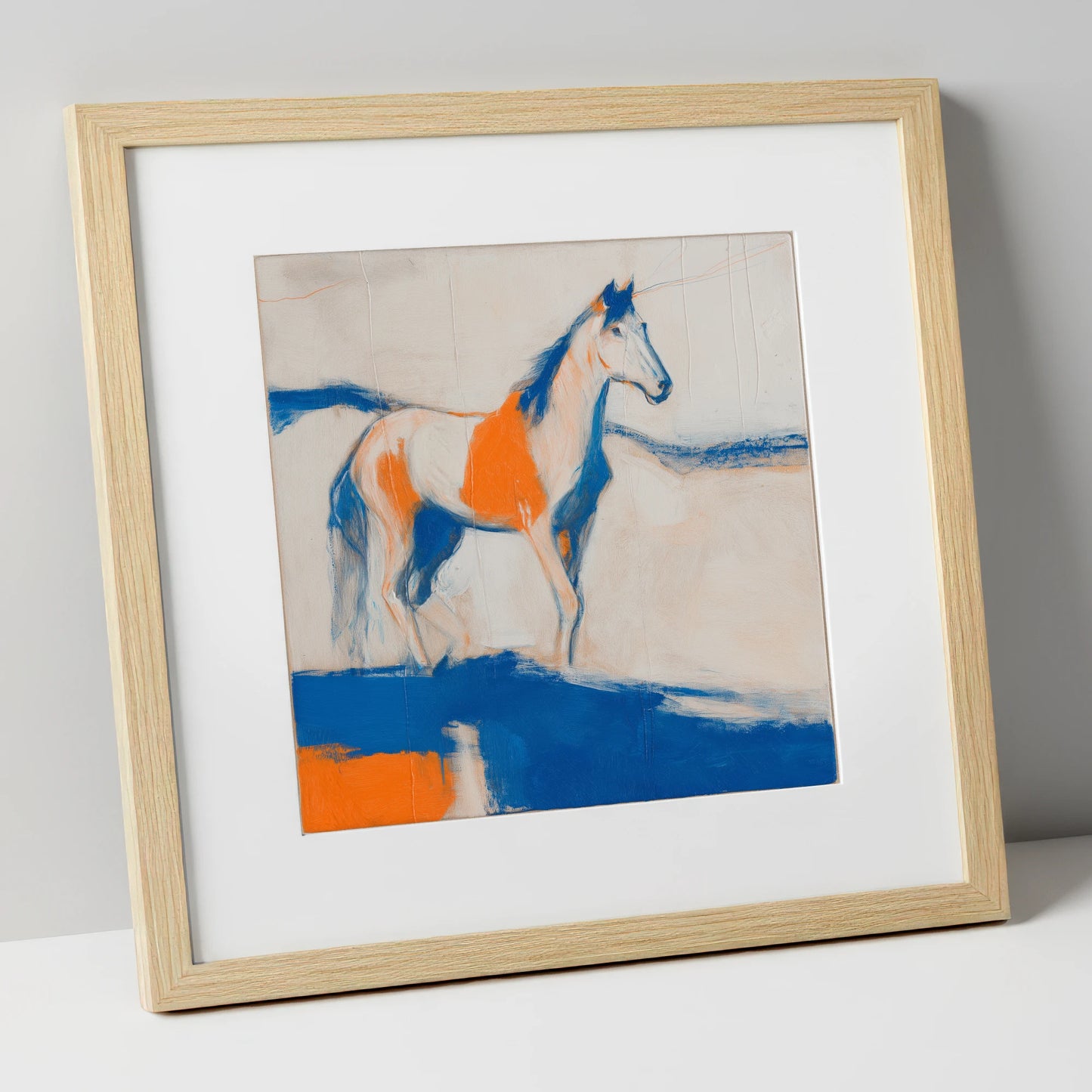 Ultramarine and Orange Profile horse portrait art print in natural frame