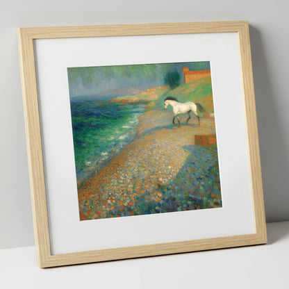 Vibrant Coastal Grey horse landscape art print in natural frame