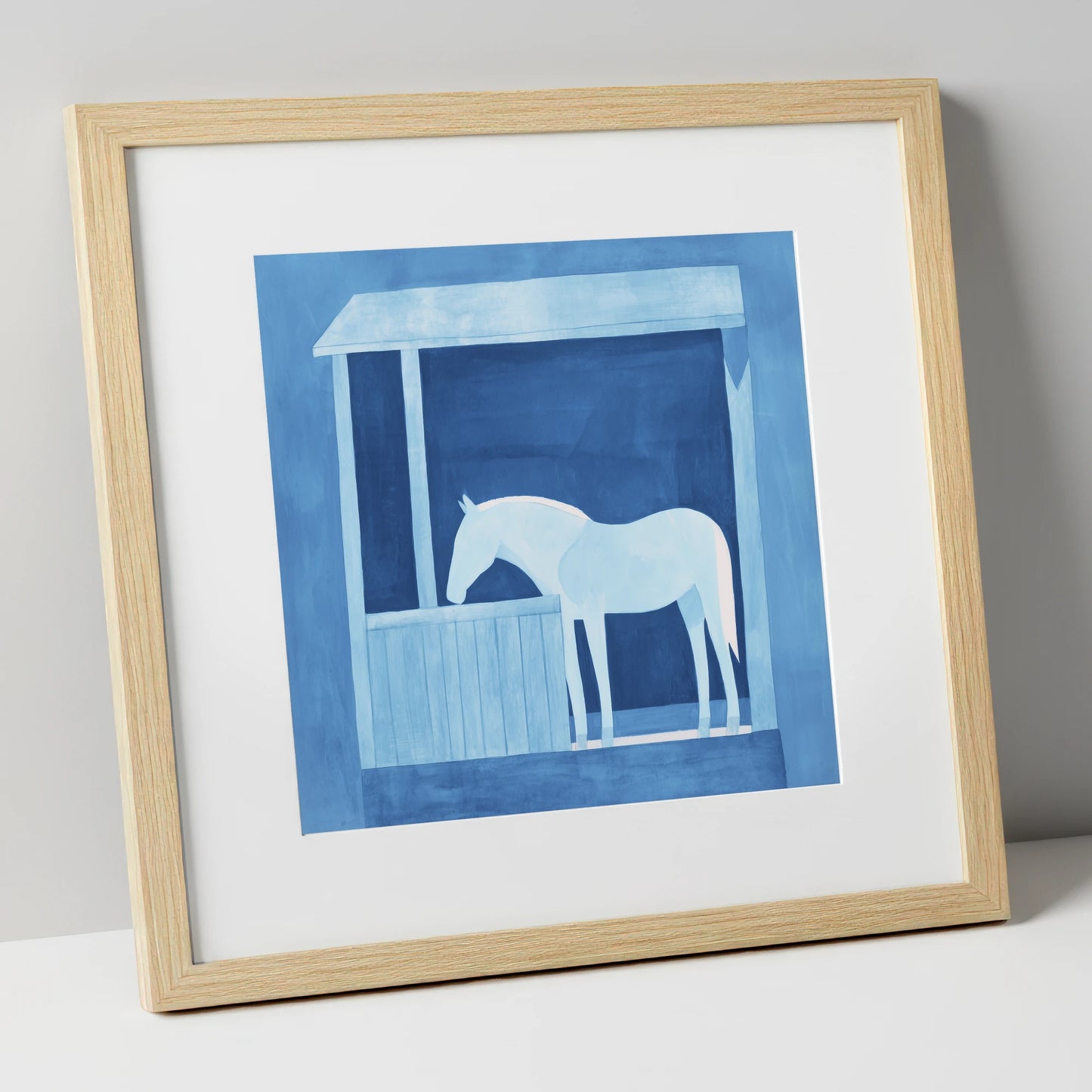 Indigo Solitude horse stable art print in natural frame