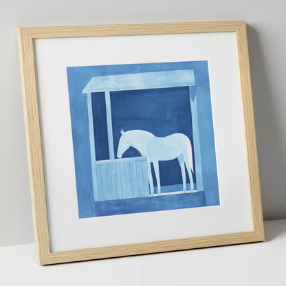 Indigo Solitude horse stable art print in natural frame