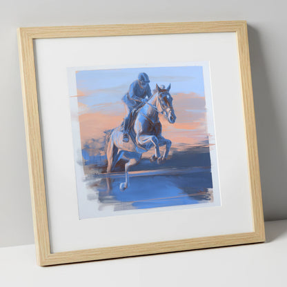 Cobalt Flight show jumping horse art print in natural frame