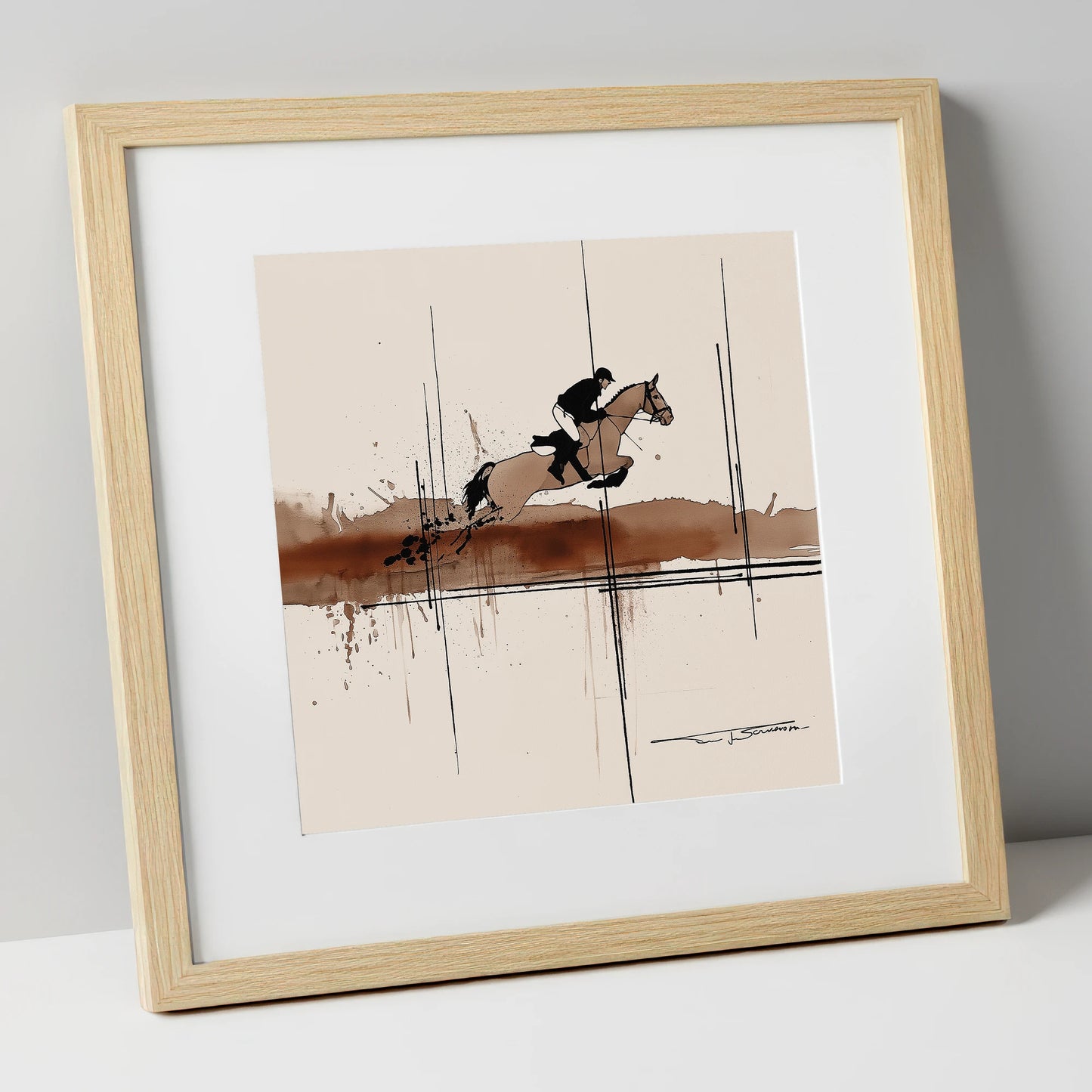 Dynamic Trajectory show jumping horse art print in natural frame