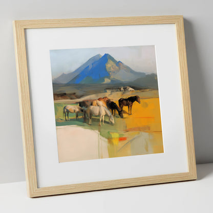 Grazing Beneath Cerulean Peaks horse landscape art print in natural frame