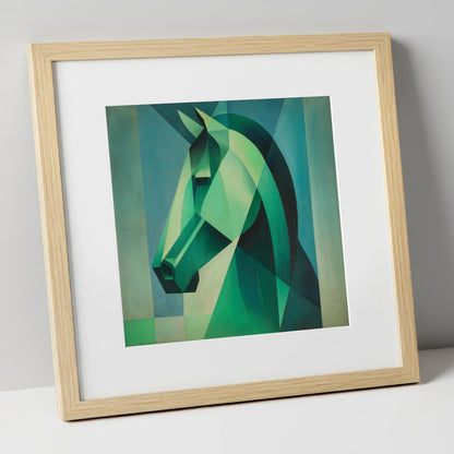 Emerald Geometric Equine horse portrait art print in natural frame