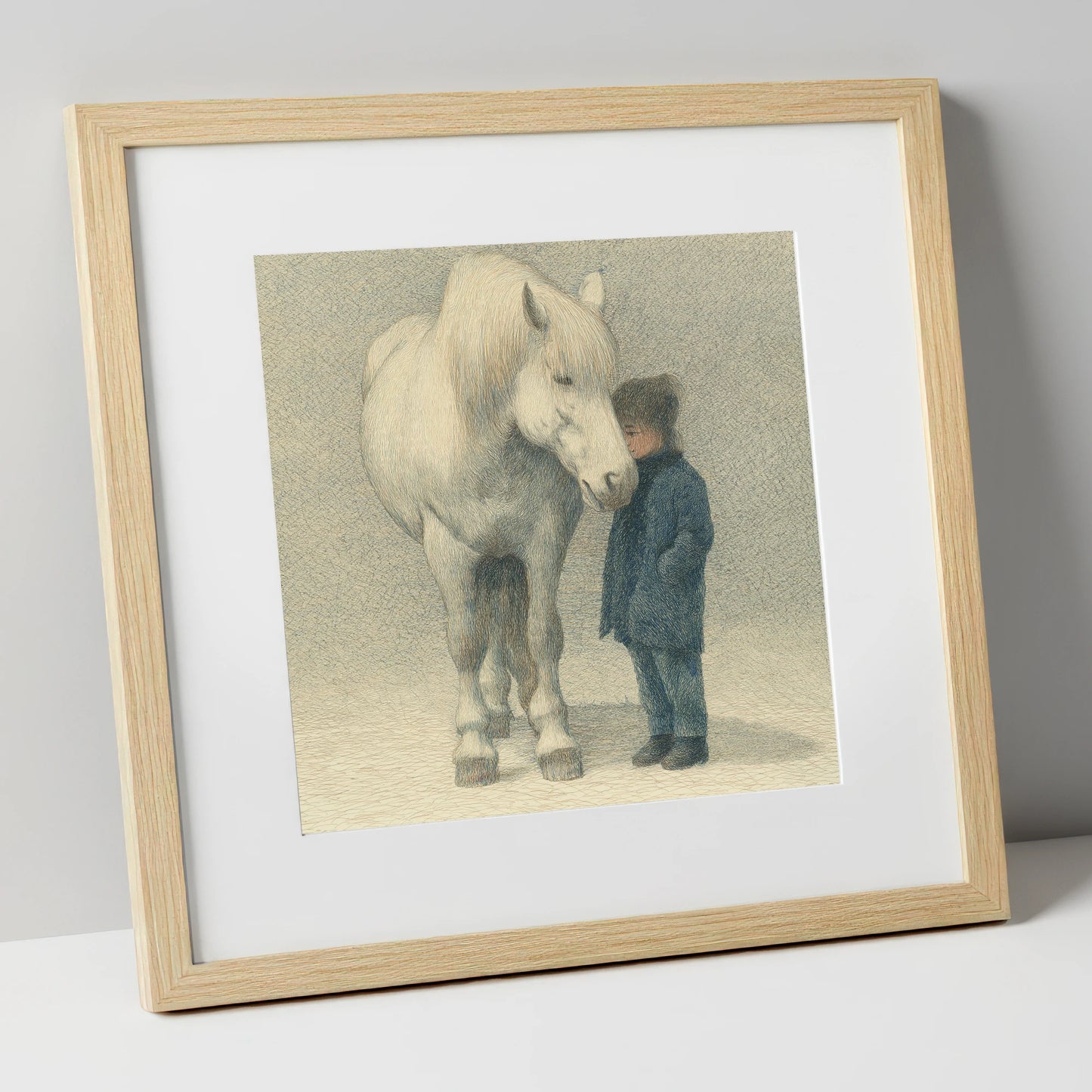 Quiet Trust horse & rider art print in natural frame