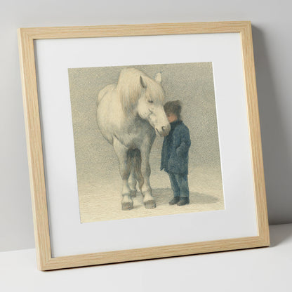 Quiet Trust horse & rider art print in natural frame