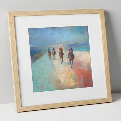 The Morning String racing horse art print in natural frame