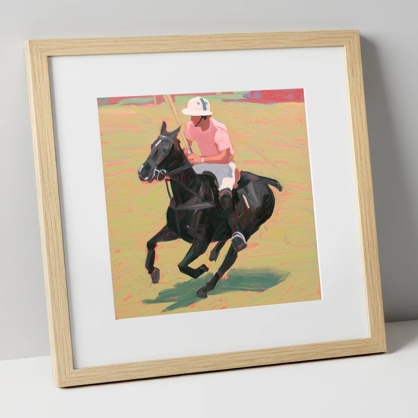 The Pink Chukka polo horse art print in natural frame