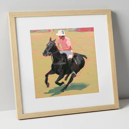 The Pink Chukka polo horse art print in natural frame