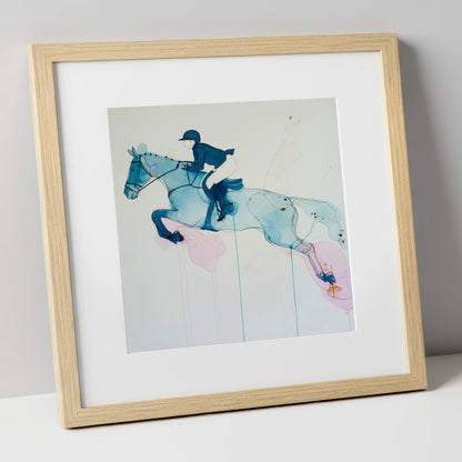 Azure Flight show jumping horse art print in natural frame