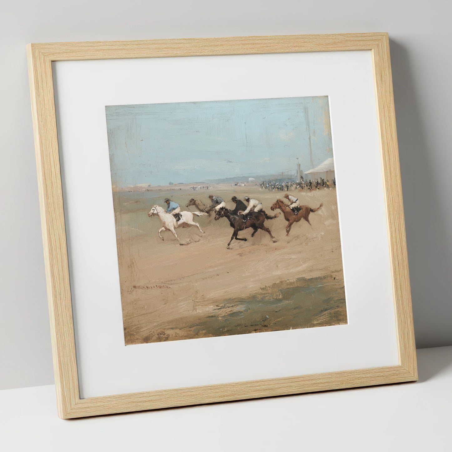Gallop on the Sands racing horse art print in natural frame