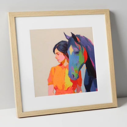 Vivid Companion horse & rider art print in natural frame