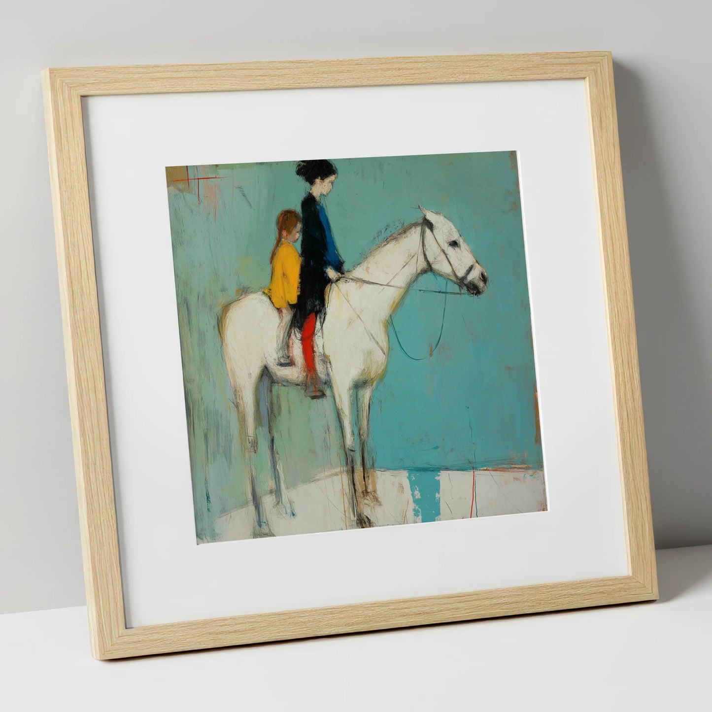 Companions in Colour horse & rider art print in natural frame