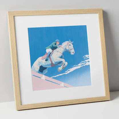 Airborne Over Blue show jumping horse art print in natural frame