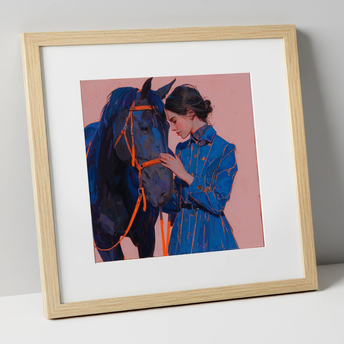 The Indigo Embrace horse & rider art print in natural frame
