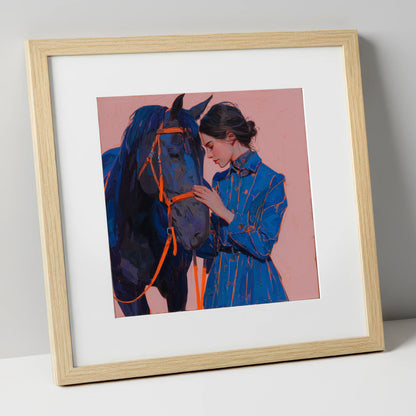 The Indigo Embrace horse & rider art print in natural frame