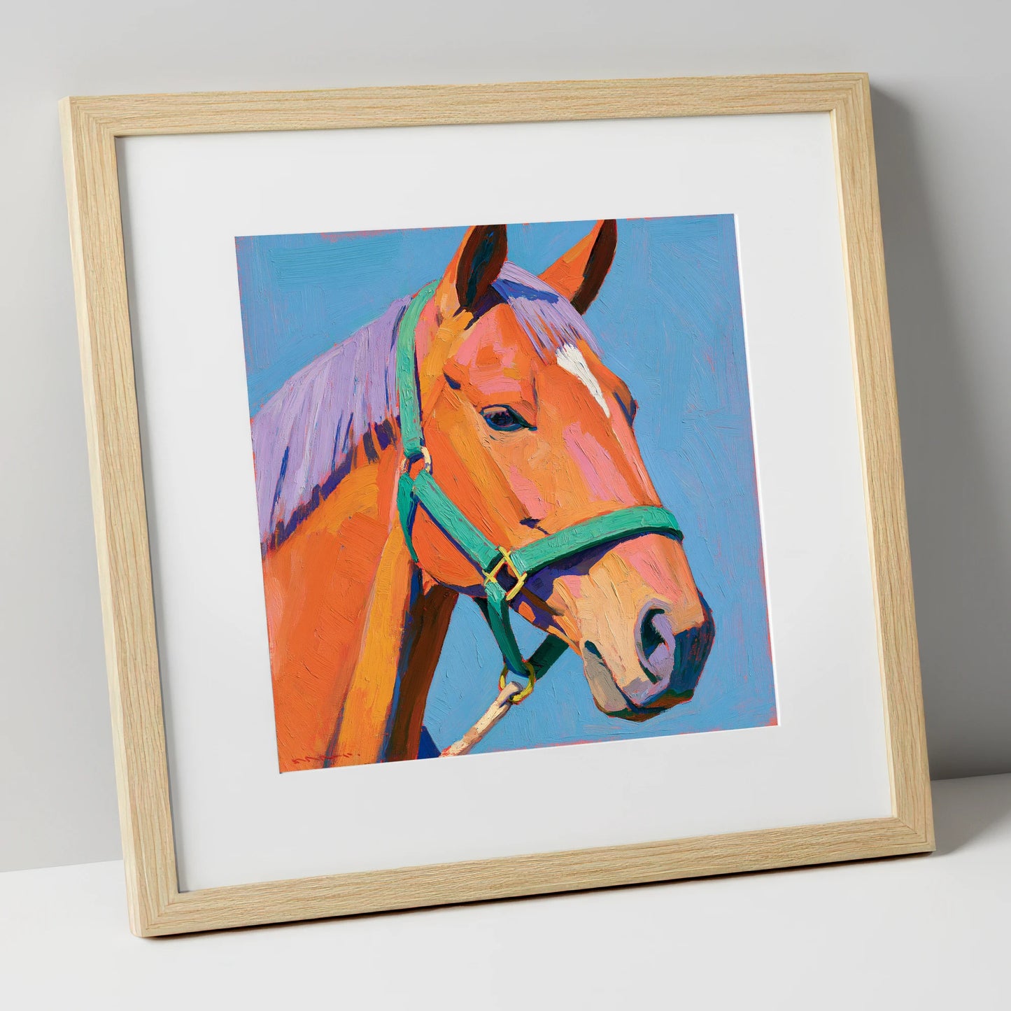 Colourful Chestnut Horse Portrait horse breed art print in natural frame