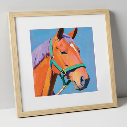 Colourful Chestnut Horse Portrait horse breed art print in natural frame