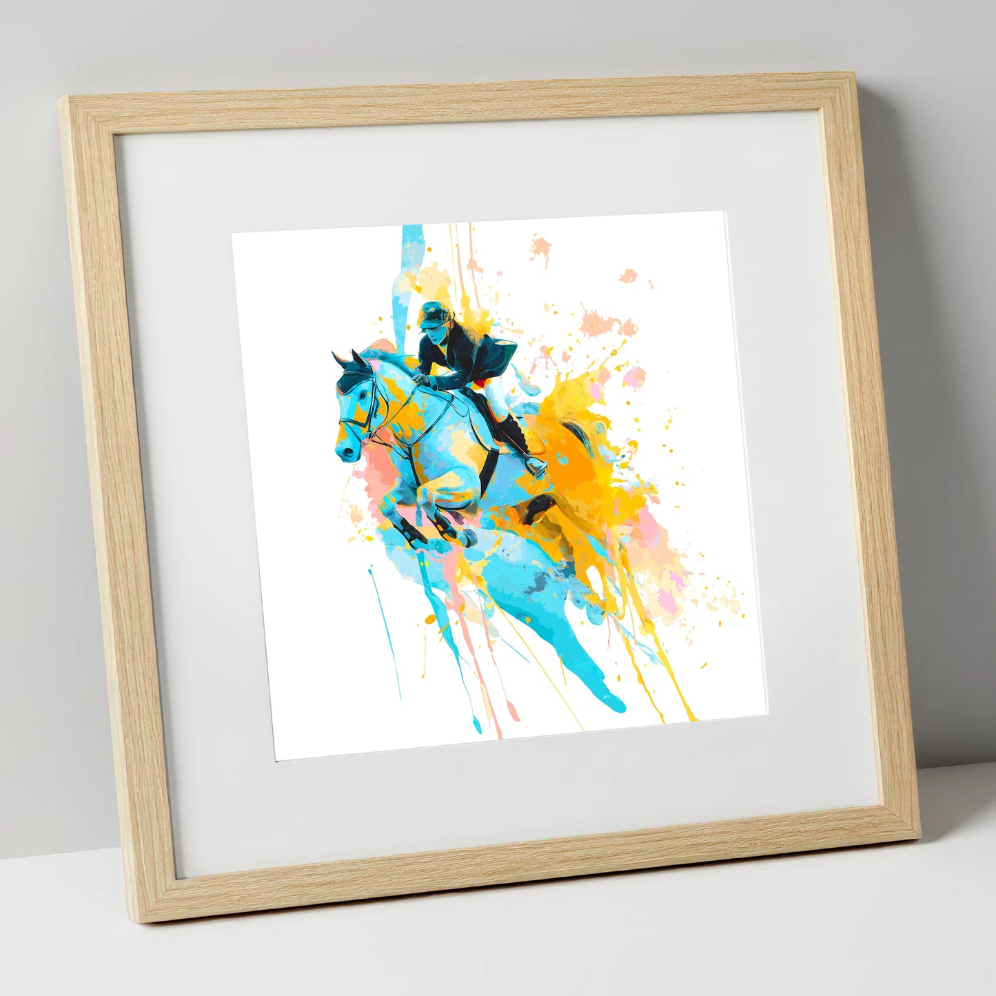 Airborne In Colour show jumping horse art print in natural frame