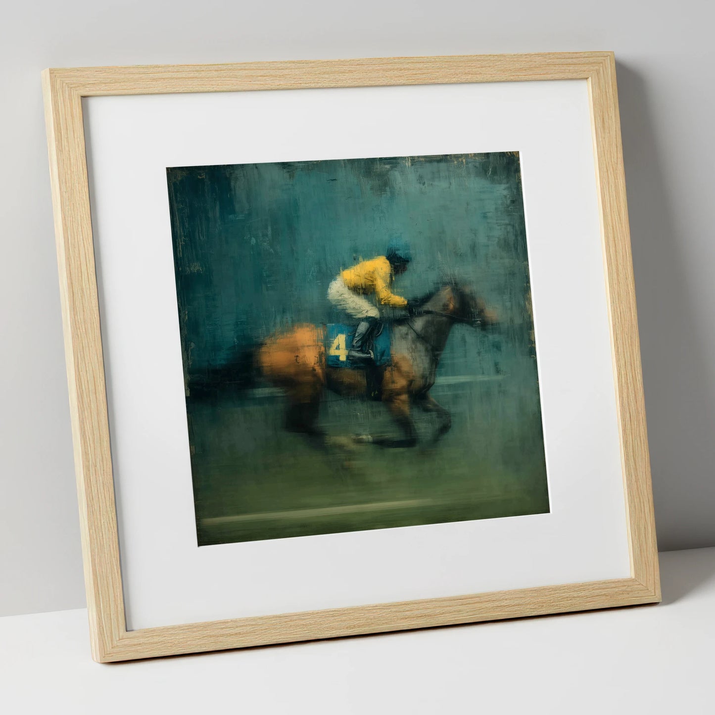 Velocity in Yellow racing horse art print in natural frame